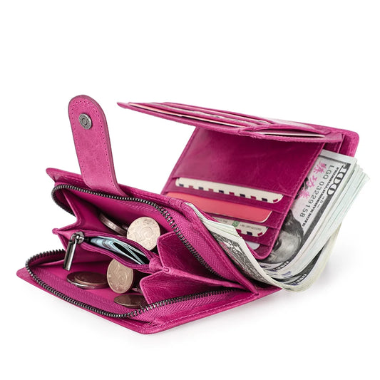 Luxury Genuine Leather Women's Wallet in Pink - Compact Coin Purse with Hasp Clasp and High-Quality Card Holder