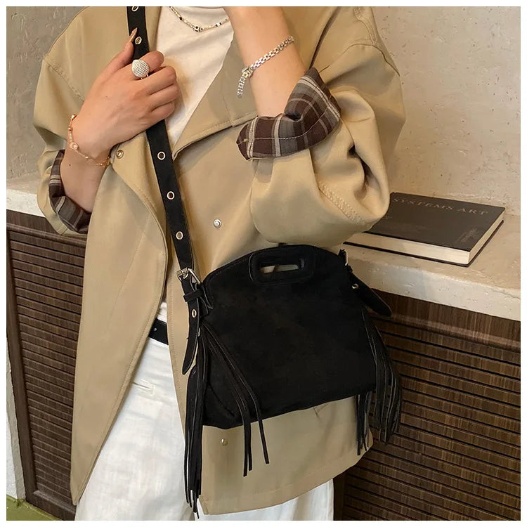 Sac à Main Femme Daim Vintage Style Français - Sac Bandoulière Épaule Glands Café