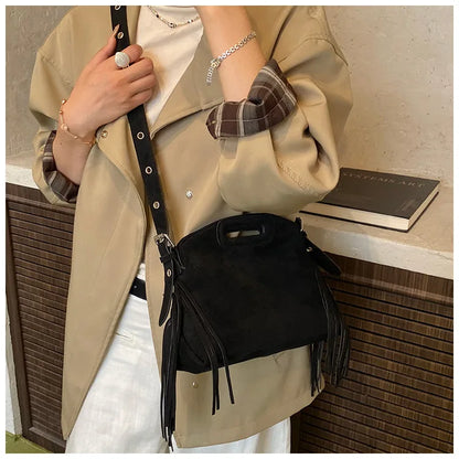 Sac à Main Femme Daim Vintage Style Français - Sac Bandoulière Épaule Glands Café