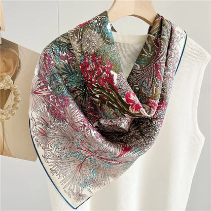 Foulard Carré Soie 100% Pure 90cm Neckerchief Femme - Châle Bandana Luxe Rose Vert