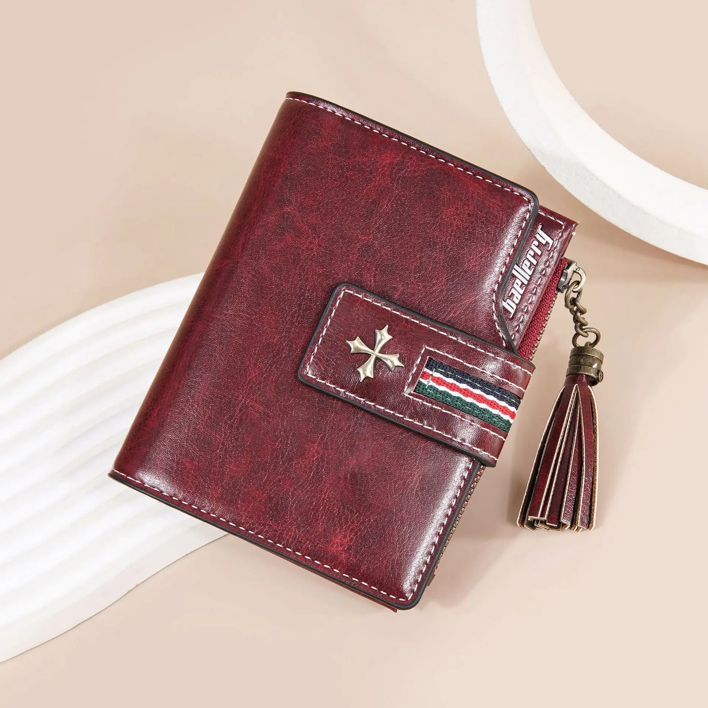 Portefeuille Femme Cuir Ciré Glands - Porte-Monnaie Tri-Fold Multi-Fentes Fermeture Éclair