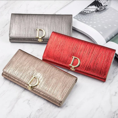 Portefeuille Long Femme Cuir Véritable Luxe - Porte-Cartes Téléphone Rayures Élégant