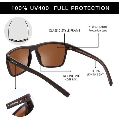 ZENOTTIC Lunettes de Soleil Polarisées Carrées — TR-90 Léger, UV400, Unisexe