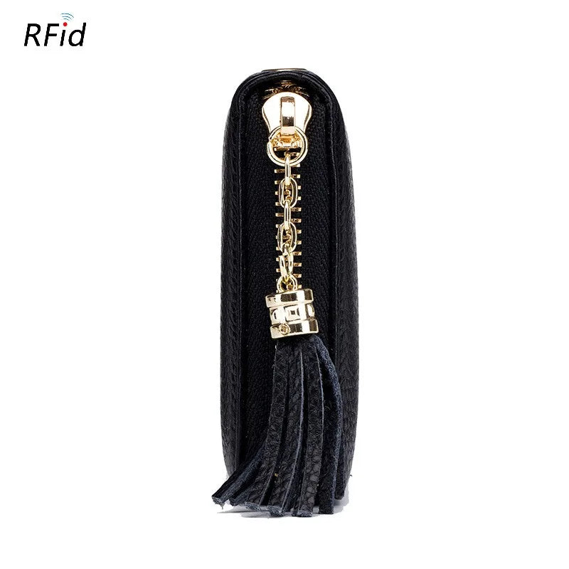 Portefeuille Femme Cuir Véritable RFID - Porte-Carte Zippé Multi-Compartiments avec Pompon
