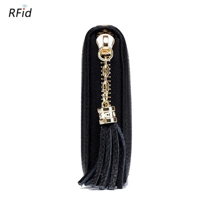 Portefeuille Femme Cuir Véritable RFID - Porte-Carte Zippé Multi-Compartiments avec Pompon