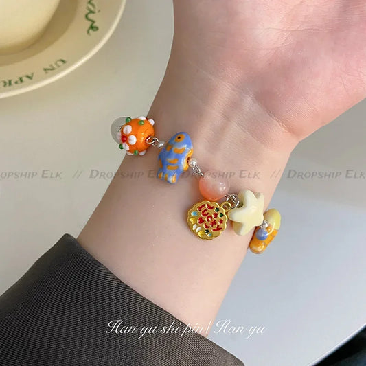 Bracelet Perles Chat Noir Cartoon Cœur Étoiles Strass – Charm Mignon Tendance Femme