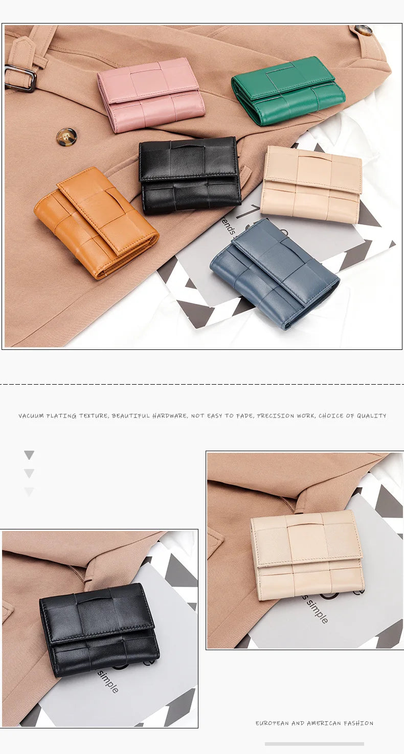 Portefeuille Femme Court Cuir Véritable Peau Mouton Tressé - Porte-Monnaie Trifold Zippé Grande Capacité Noir