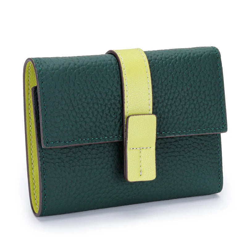 Portefeuille Femme Court Cuir Véritable Trifold - Porte-Monnaie Zippé Grande Capacité Contraste Marron