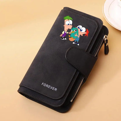 Portefeuille Long Phineas et Ferb Cuir PU - 15 Porte-Cartes Zip pour Enfants