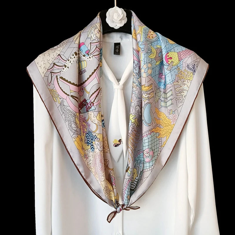 Foulard Carré Soie 100% 90cm Double Face Femme - Neckerchief Châle Luxe Gris Taupe