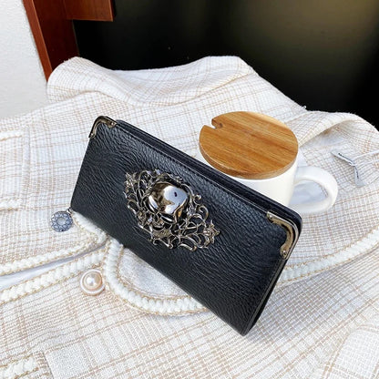Portefeuille Femme Long Tête de Mort - Porte-Monnaie Design Luxe Skull avec Étui Téléphone