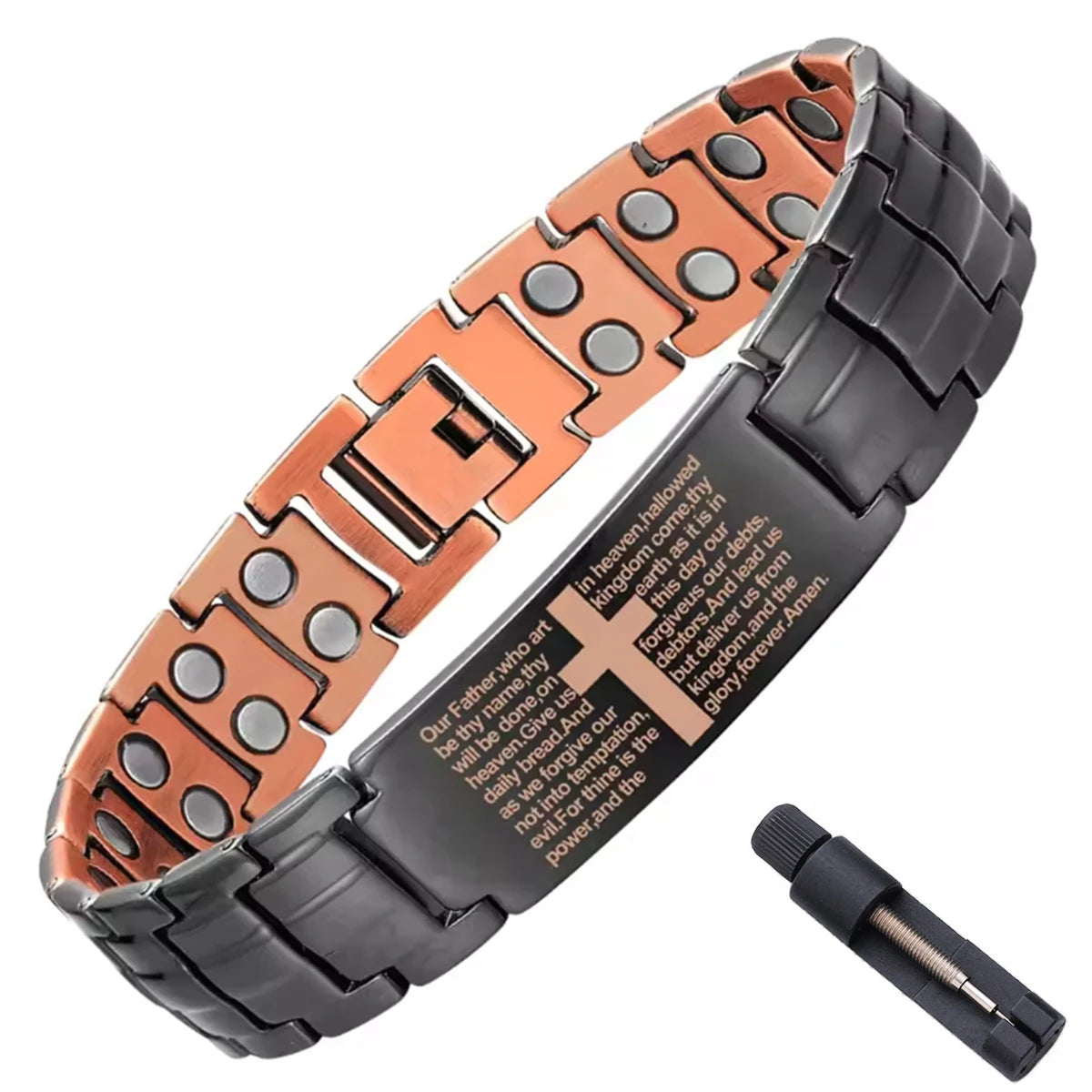 Bracelet Magnétique Cuivre Homme – Double Rangée d’Aimants & Motif Croix