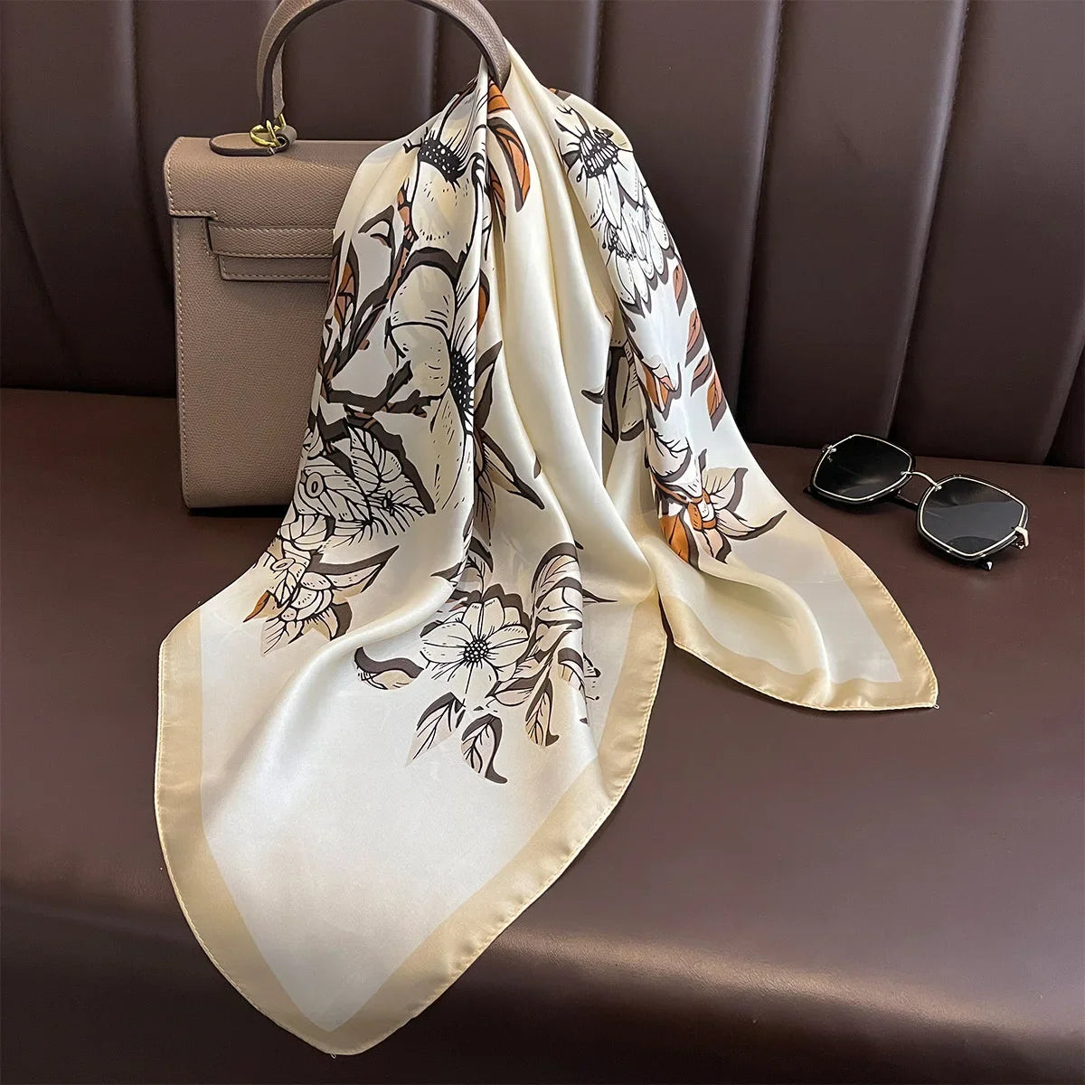 Foulard Carré Soie Satin Imprimé Floral 70x70cm - Neckerchief Bandana Headband Femme