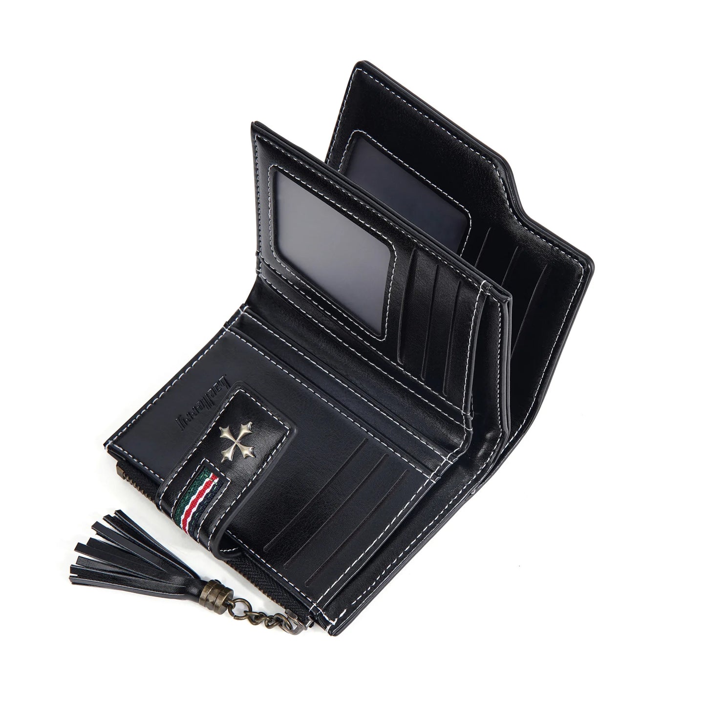 Portefeuille Femme Cuir Ciré Glands - Porte-Monnaie Tri-Fold Multi-Fentes Fermeture Éclair