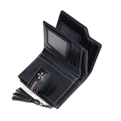 Portefeuille Femme Cuir Ciré Glands - Porte-Monnaie Tri-Fold Multi-Fentes Fermeture Éclair