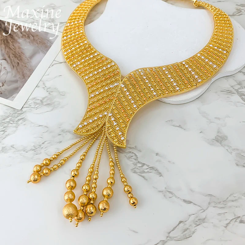 Ensemble Bijoux Dubai Bohème Plaqué Or 18K Luxe – Collier Boucles Bracelet Bague Mariée Femme