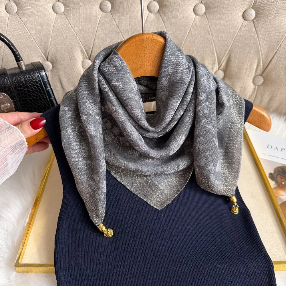 Women's 70cm Square Scarf with Magnetic Buckle - Premium Autumn/Winter Silk Triangle Scarf