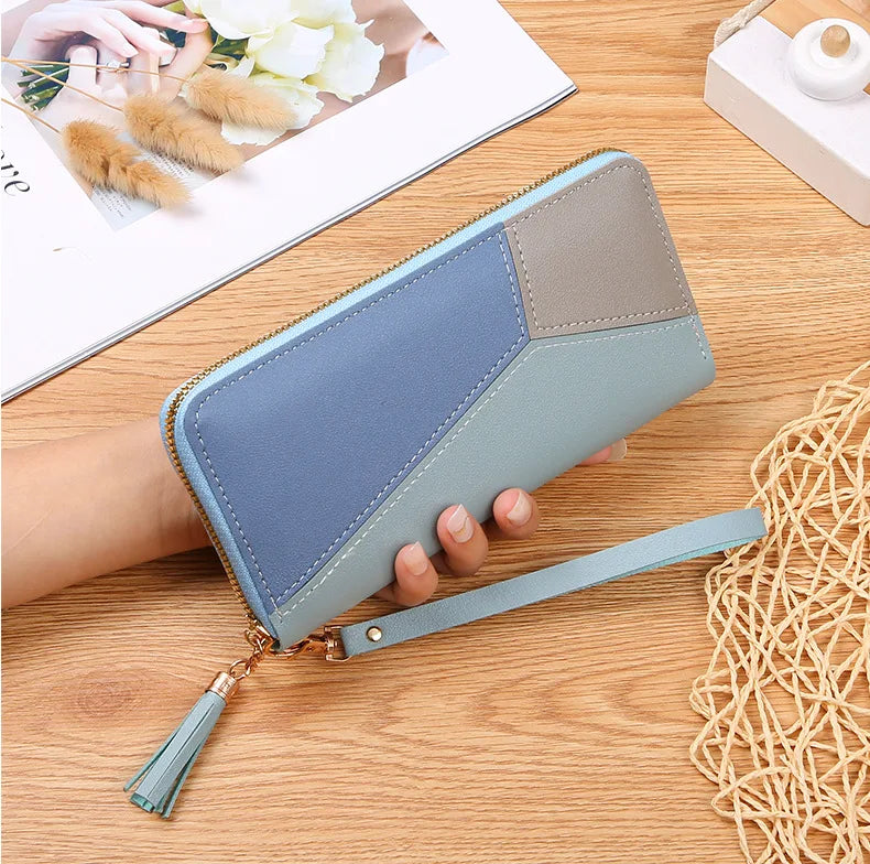 Portefeuille Femme Long Zippé Cuir PU Bleu - Porte-Monnaie Fashion Porte-Carte Billfold Handbag
