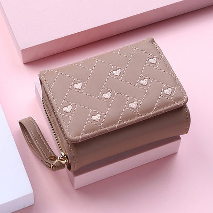 Portefeuille Femme Tri-Fold Cuir PU Brodé - Porte-Cartes Court Motif Cœur Minimaliste