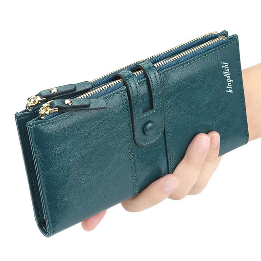 Women's Long PU Leather Wallet - Large Capacity Card Holder with Zipper Closure
