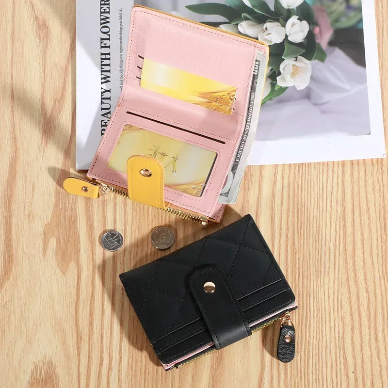 Portefeuille Femme Cuir Petit Sac Zip - Porte-Cartes Porte-Monnaie Rose Noir Rouge