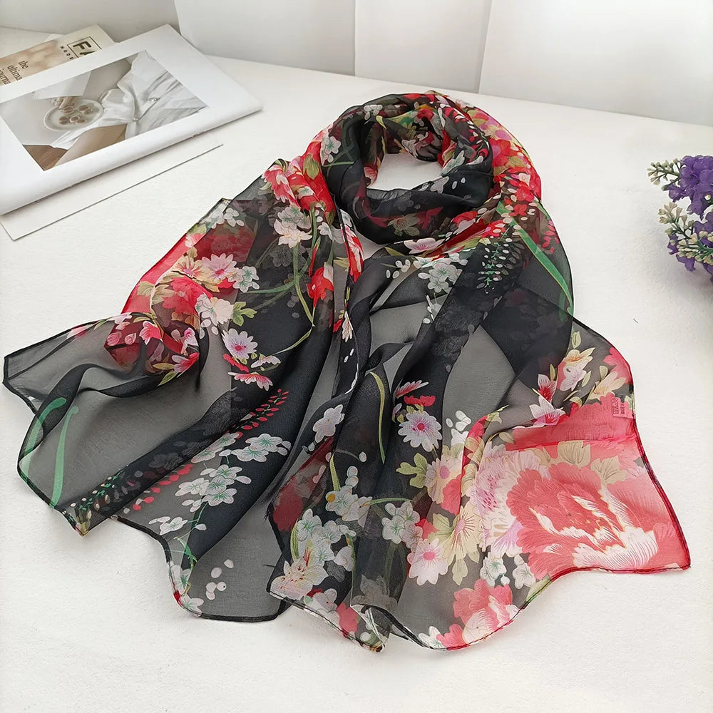 Foulard Écharpe Mousseline Georgette Femme Fleur Prune - Bandana Été Léger Respirant