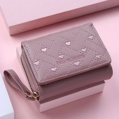 Portefeuille Femme Mignon Cœur Brodé Cuir PU - Trifold Multi-Cartes avec Porte-Monnaie