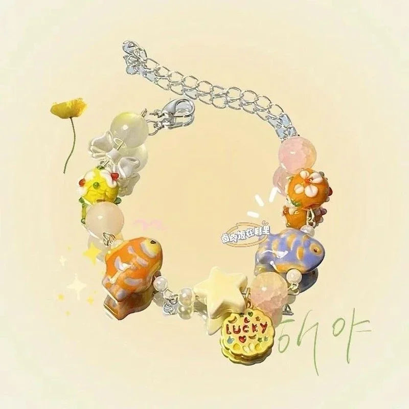 Bracelet Perles Chat Noir Cartoon Cœur Étoiles Strass – Charm Mignon Tendance Femme