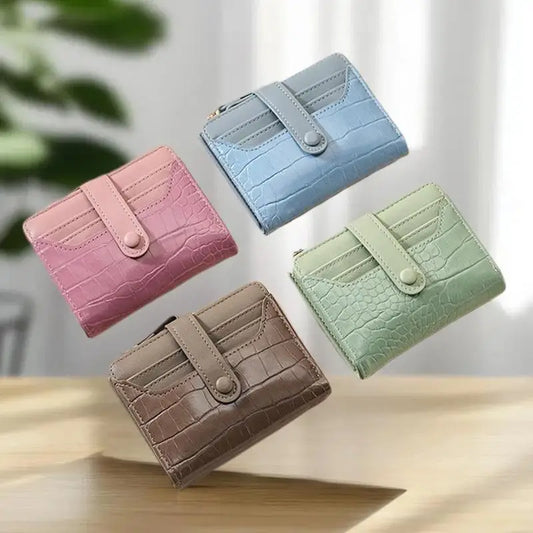 Women's Short PU Leather Wallet with Crocodile Print and Zipper - Multi-Slot Waterproof Card Holder, Khaki