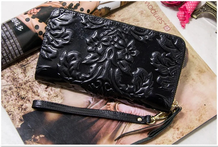 Portefeuille Femme Cuir Véritable Vintage Floral - Grande Capacité Clutch Pochette en Cuir de Vache
