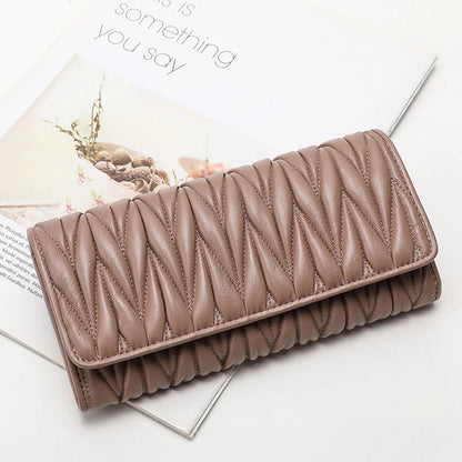 Portefeuille Femme Long Plissé Cuir Véritable - Pochette Zip Fermoir Multifonction