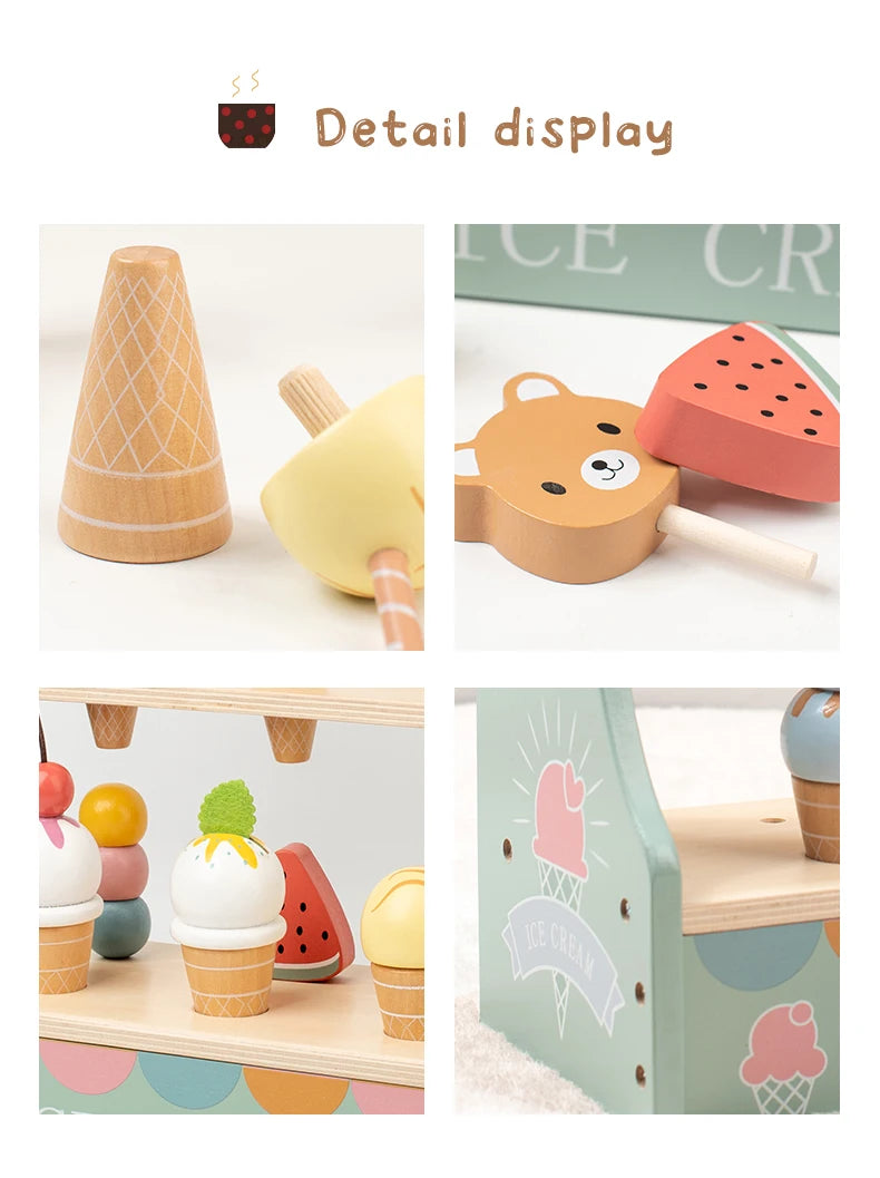 Comptoir de Crème Glacée en Bois - Jouet Montessori 40+ Pièces avec Monnaie pour Enfants 3-6 Ans