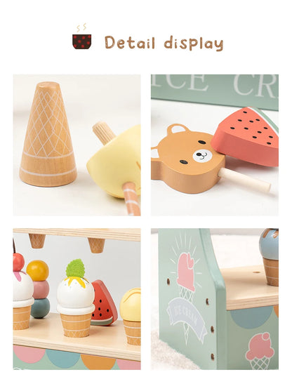 Comptoir de Crème Glacée en Bois - Jouet Montessori 40+ Pièces avec Monnaie pour Enfants 3-6 Ans