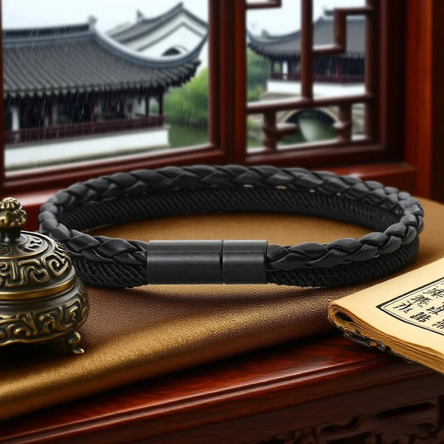 Bracelet en Cuir Tressé Fait Main pour Homme - Double Couche avec Charm en Cuivre