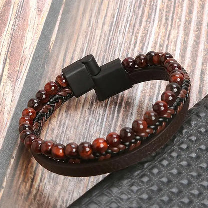 Bracelet Cuir Tressé Multicouche Punk – Boucle Magnétique Croix Homme