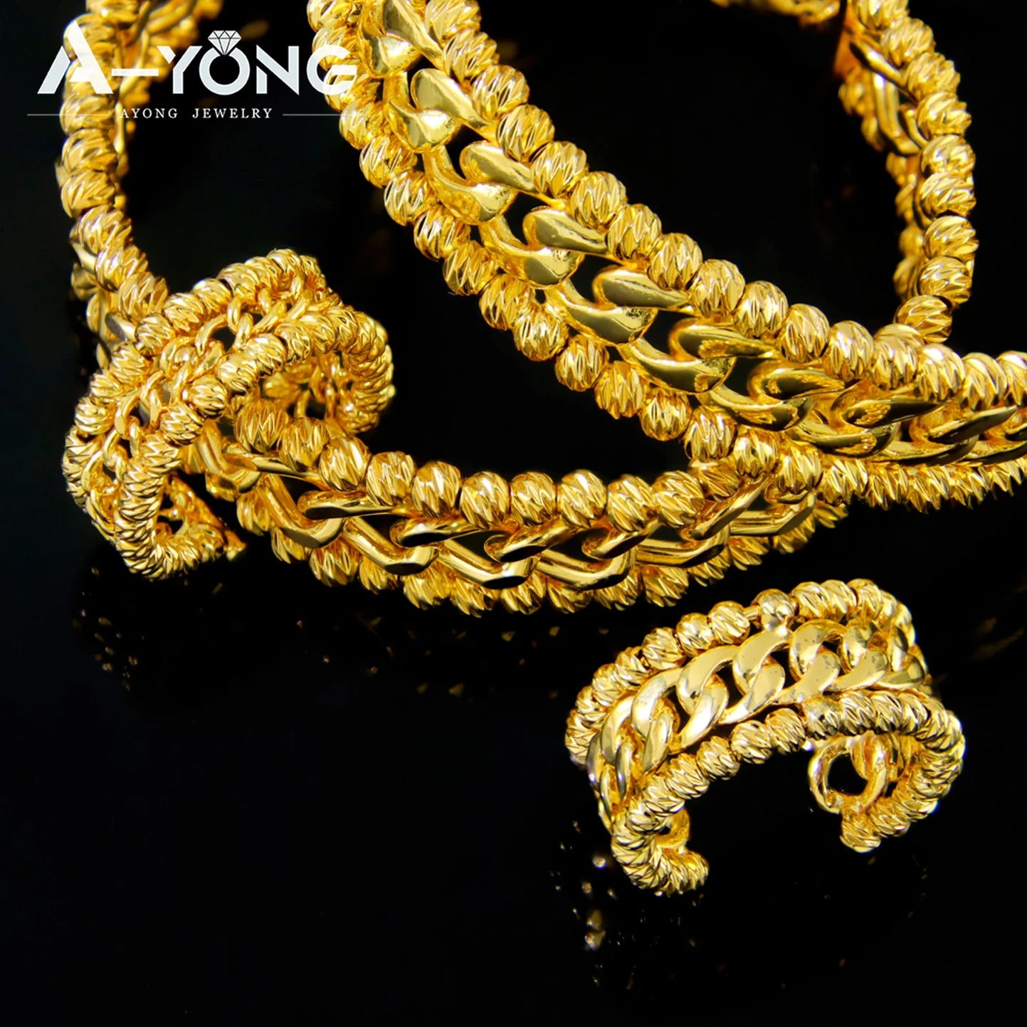 Ensemble Bracelet Bague Perles Dubai Mariage Plaqué Or 24K Luxe – Bangles Ajustables Mariée Arabe Femme