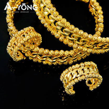 Ensemble Bracelet Bague Perles Dubai Mariage Plaqué Or 24K Luxe – Bangles Ajustables Mariée Arabe Femme