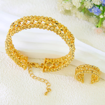 Ensemble Bracelet Bague Perles Dubai Mariage Plaqué Or 24K Luxe – Bangles Ajustables Mariée Arabe Femme