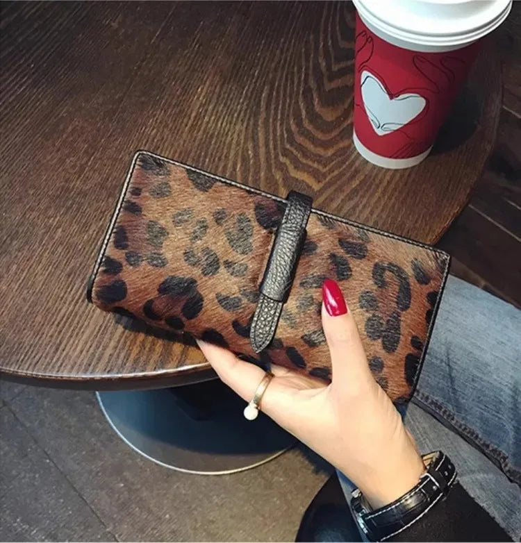 Portefeuille Femme Cuir Véritable Léopard Noir - Clutch Luxe Designer Long 2026