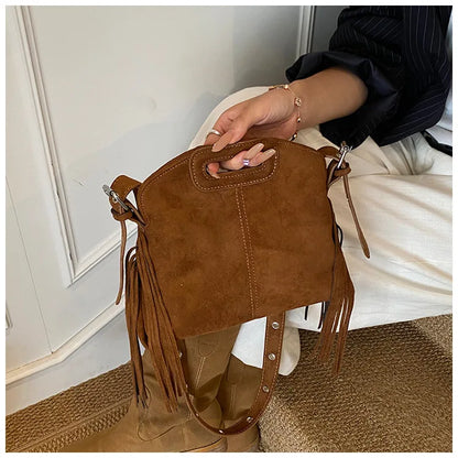 Sac à Main Femme Daim Vintage Style Français - Sac Bandoulière Épaule Glands Café