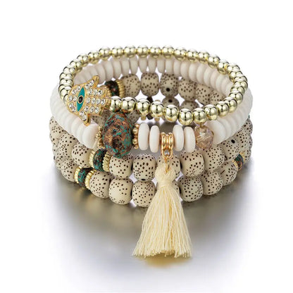 Bracelet Bohème Main Bouddha Turquoise Pompons – Ethnique Spirituel Vintage