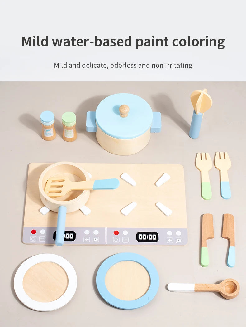 Cuisine Jouet en Bois pour Enfants - Set Complet avec Casseroles, Poêles et Ustensiles 3-6 Ans