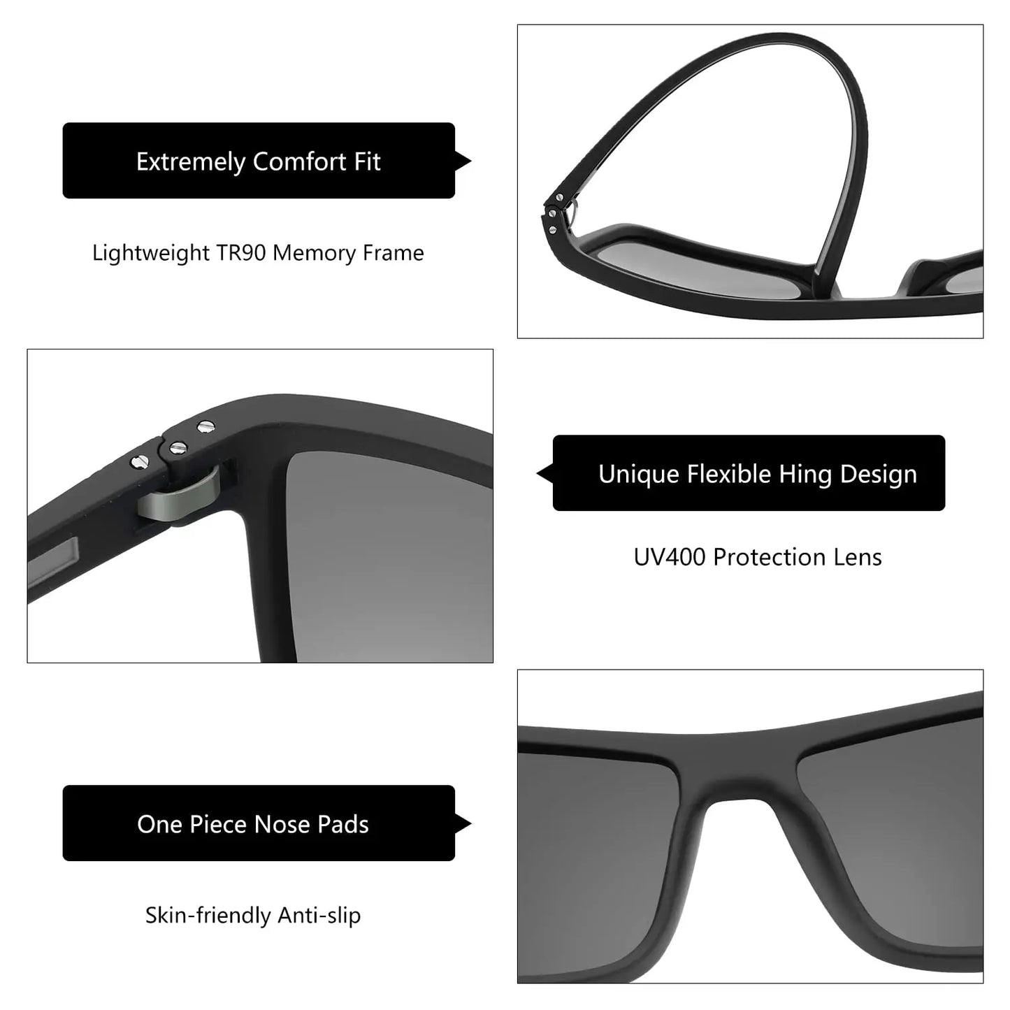 ZENOTTIC Lunettes de Soleil Polarisées Carrées — TR-90 Léger, UV400, Unisexe
