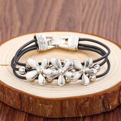 Bracelet Multicouche Cuir Fleur Bohème Vintage Porte-Bonheur – Fait Main Amitié Couples Unisexe