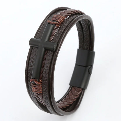 Bracelet Cuir Tressé Multicouche Punk – Boucle Magnétique Croix Homme