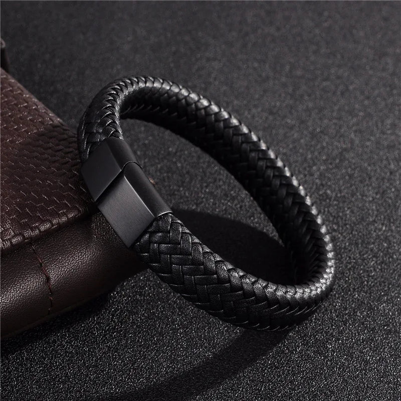 Bracelet Magnétique en Cuir Noir – Élégance Masculine