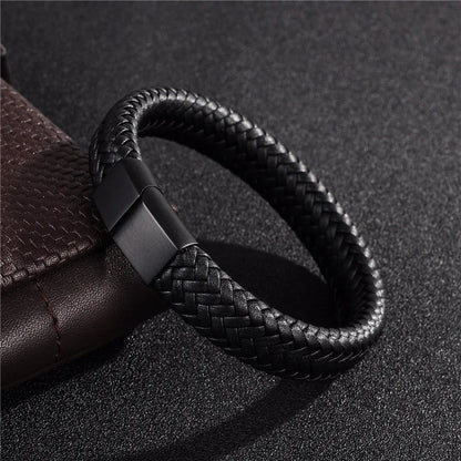 Bracelet Magnétique en Cuir Noir – Élégance Masculine