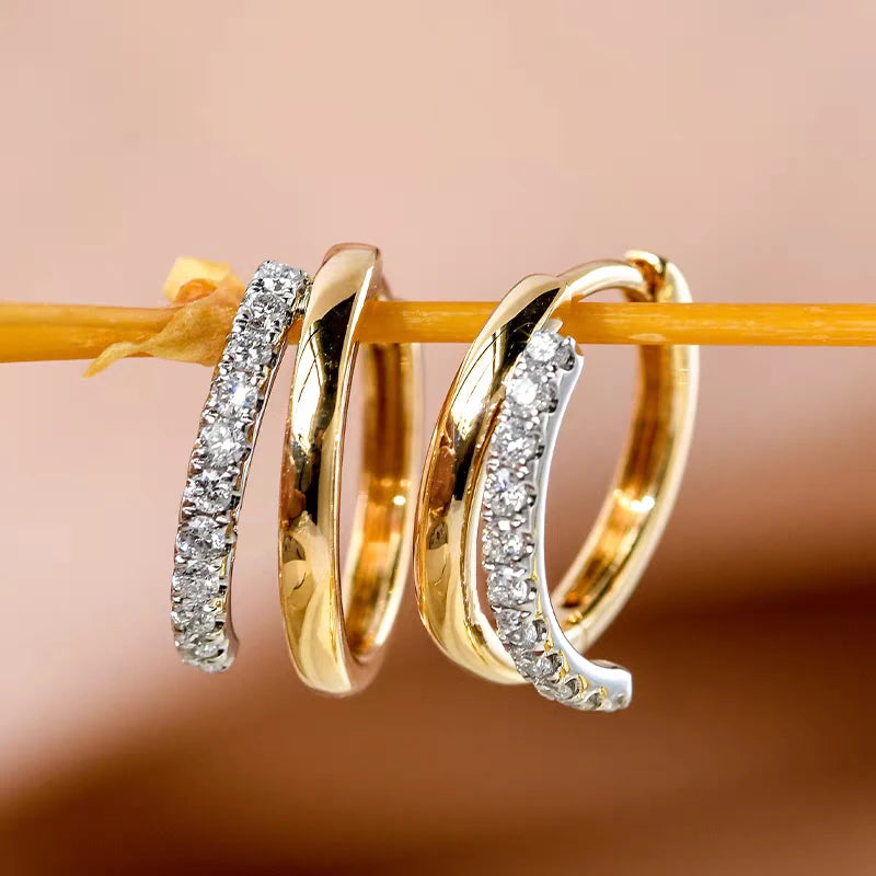 Boucles d'Oreilles Créoles Moissanite 2mm Argent 925 Plaqué Or 18K – Double Cercle Diamant Femme