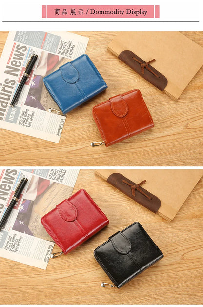 Portefeuille Femme Cuir Bifold Court Rose - Wallet Porte-Cartes Zipper Coin Pouch