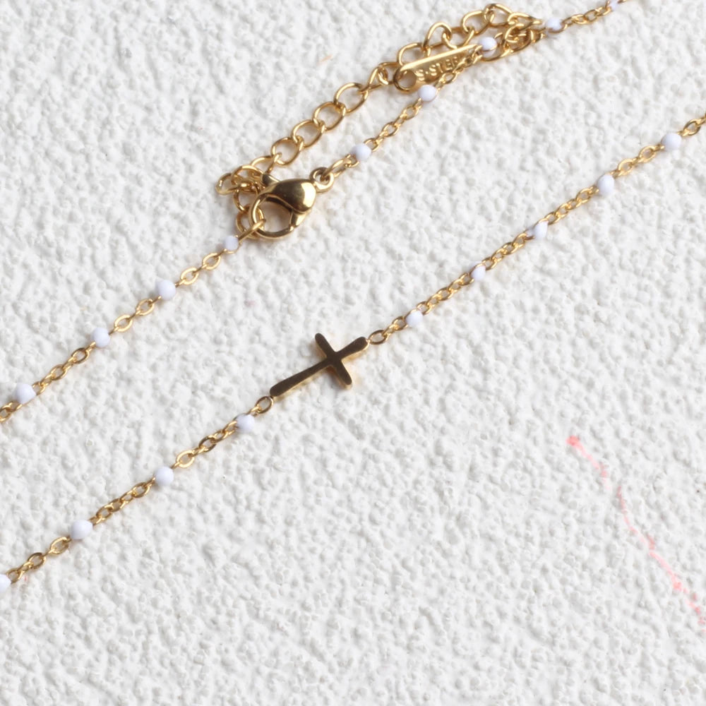 Collier Choker Bohème Croix Émaillé – Acier Inoxydable Plaqué Or Femme
